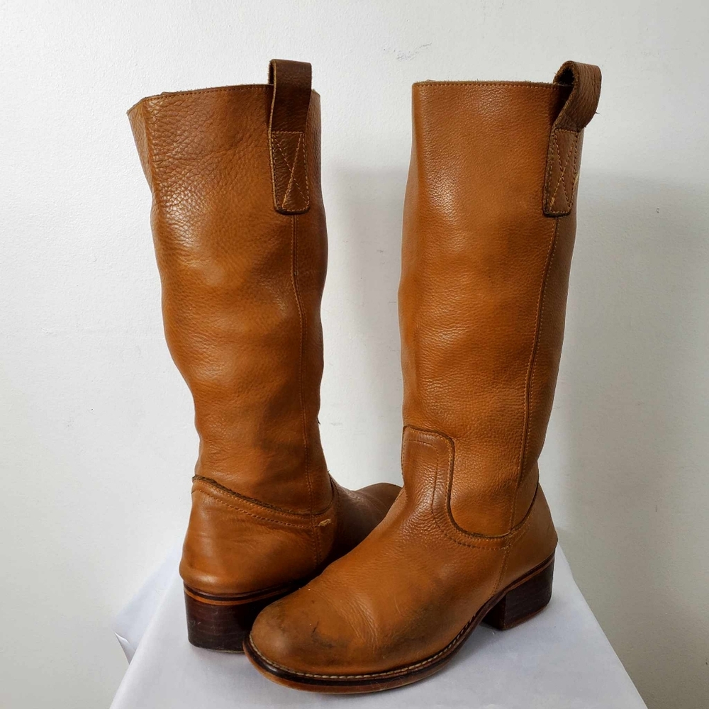 Vintage 80s Campus Boot Western Brown Leather Stacked Heel Pull On Size 9US
